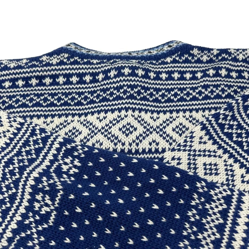 LL Bean Women's Blue White Fair Isle Cotton Crewneck 3 Button Sweater Medium - Picture 10 of 13